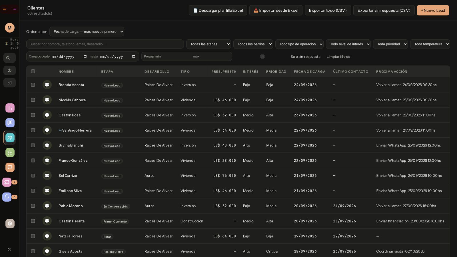 Pantalla Clientes con botones Descargar plantilla Excel, Importar desde Excel y Exportar