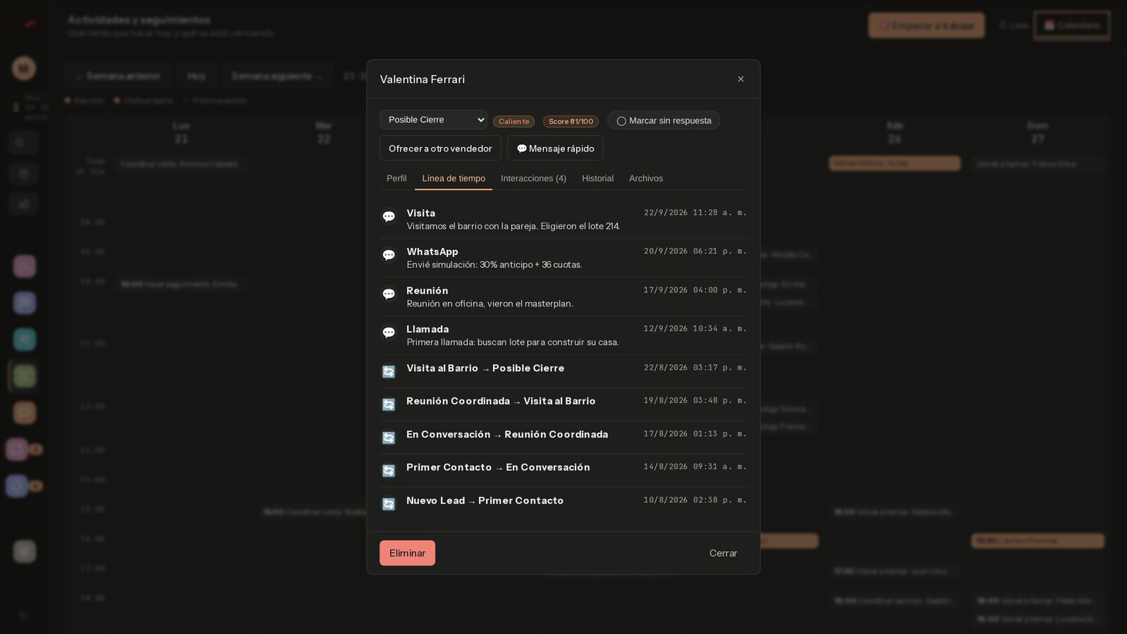 Pestaña Línea de tiempo con interacciones y cambios de etapa