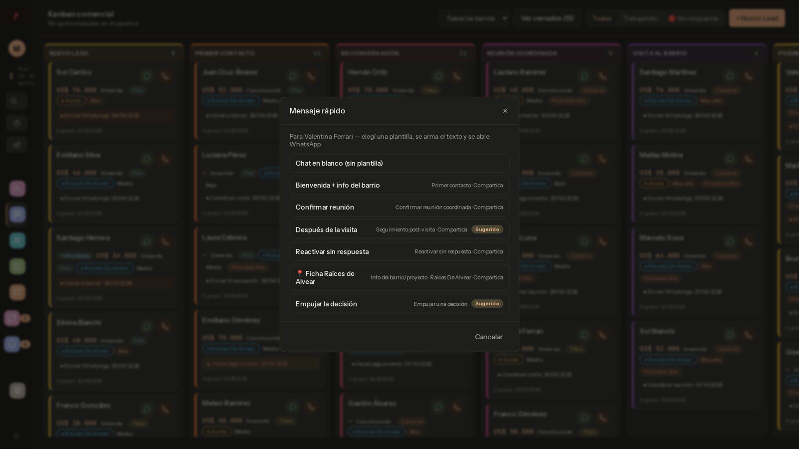 Modal Mensaje rápido con lista de plantillas y etiquetas Sugerido