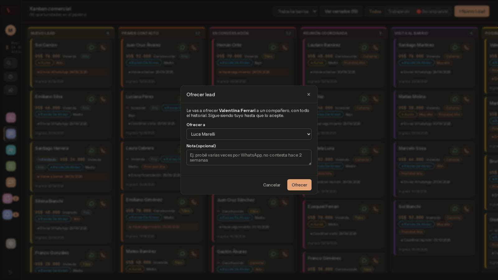 Modal Ofrecer lead a un compañero con nota opcional